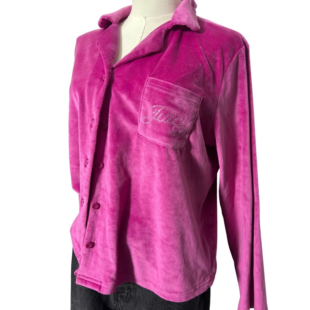 Juicy Couture Pink Velour Pajama‎ Top Rhinestone Logo Button Up Sleepwear